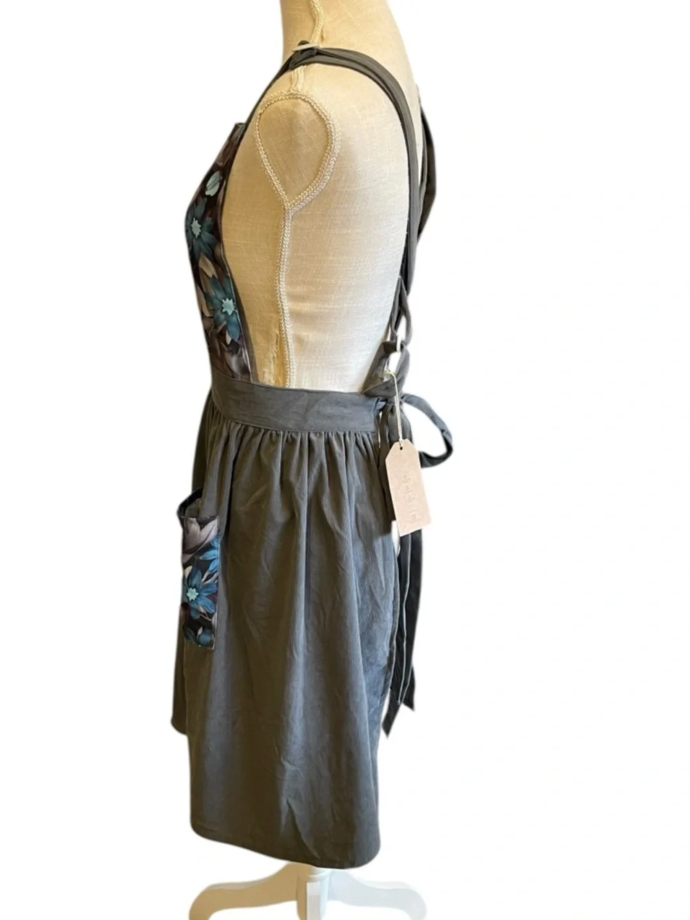 Grey Corduroy Apron with Blue Floral Panels and Pockets